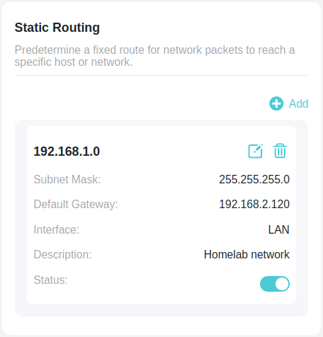 Screenshot of the static routing configuration on a router