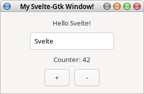 A GTK window with a label greeting the user, an input box to change the name, another label with a numeric counter, and a couple of buttons to change the counter